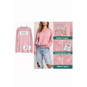 Victoria’s Secret PINK Long Sleeve Pocket Tee Medium Pink Sequin Bling Y2K Read